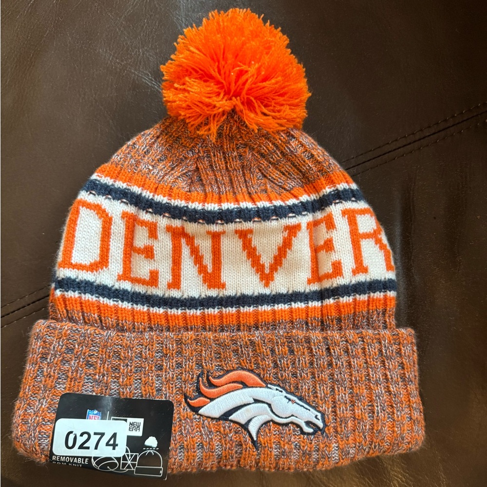 Bronco’s New Era Orange and Blue Knit Beanie with Detachable Pom